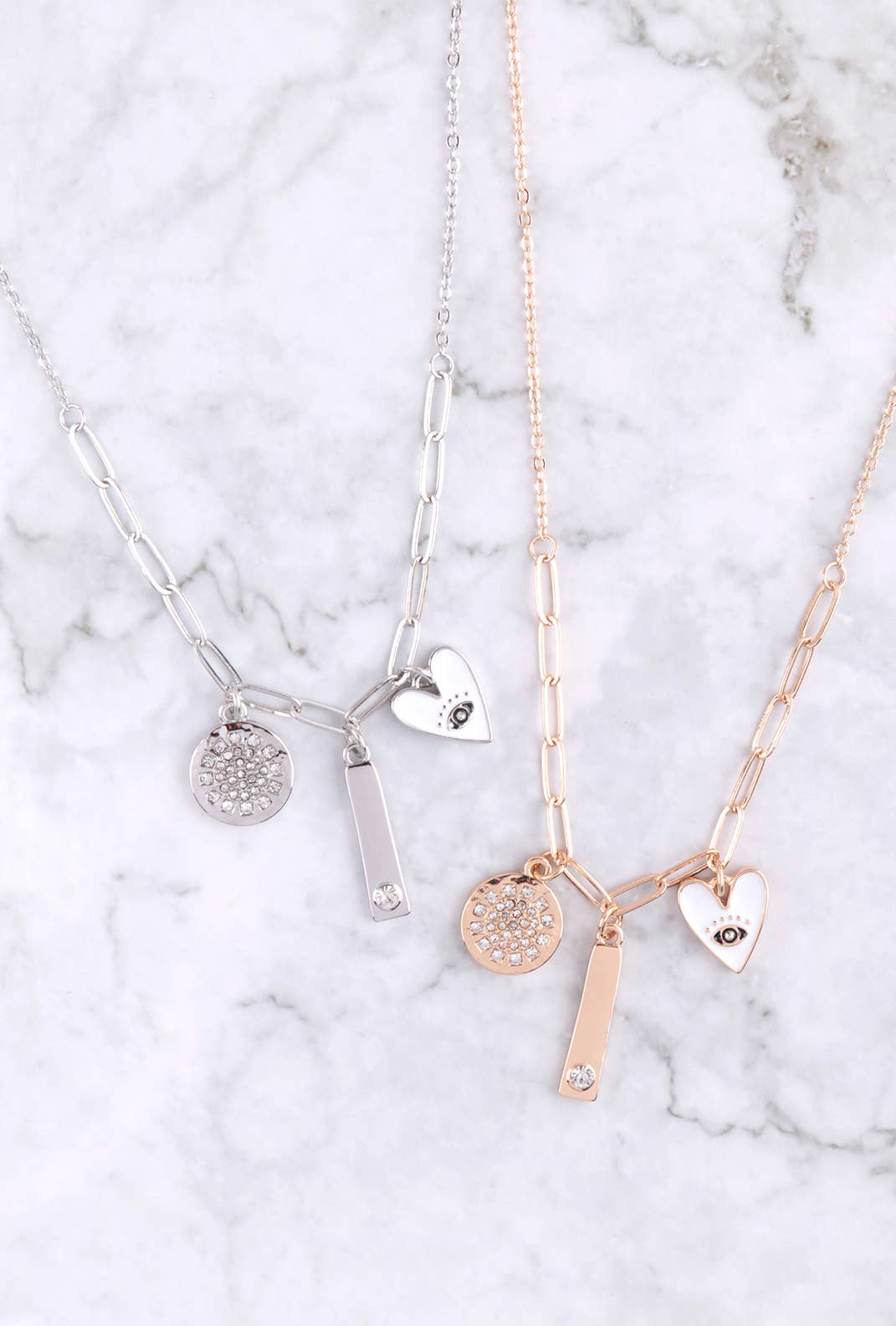 Disk Heart Bar Cubic Multi Pendant Charm Necklace